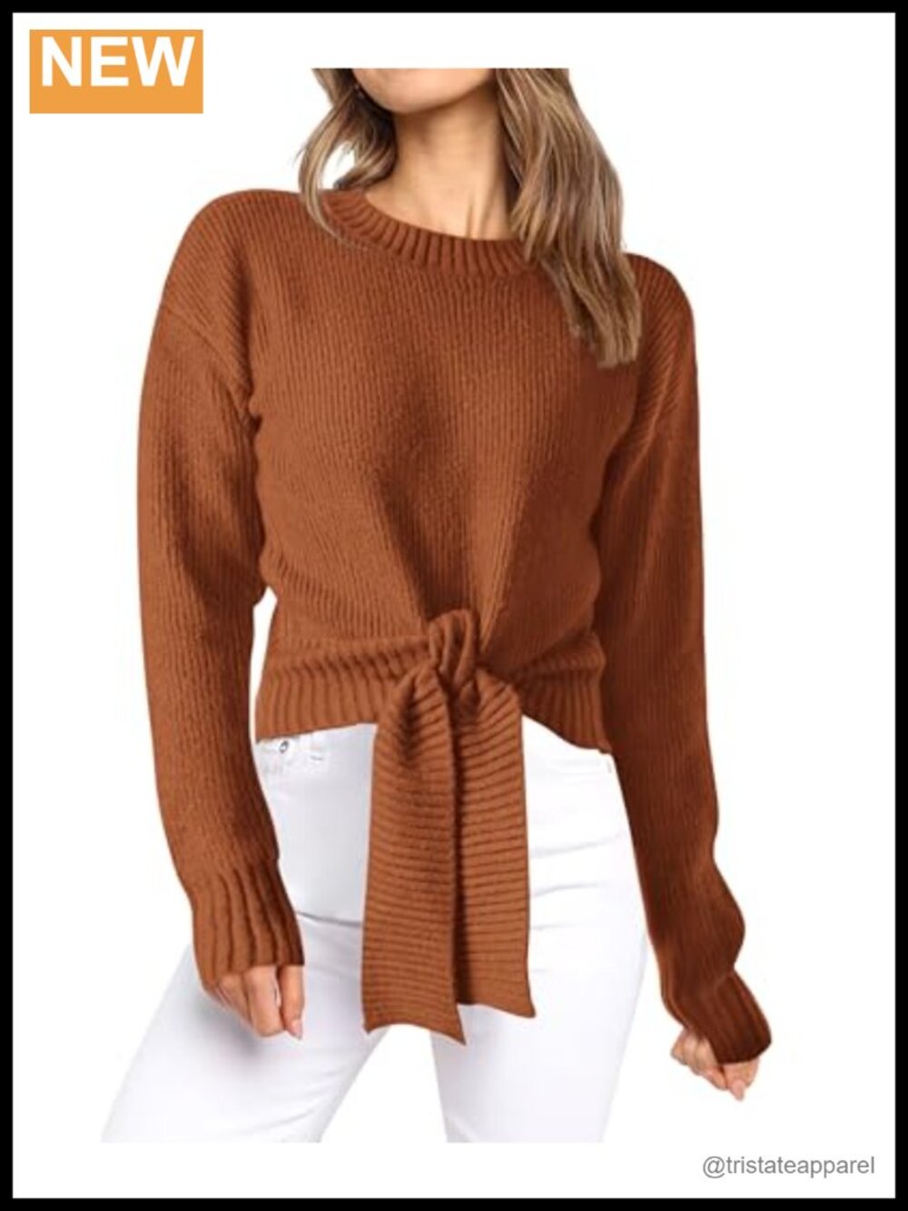 Womens Tie Front Cropped Chunky Cable Knit Long Sleeve Crew Neck Pullover